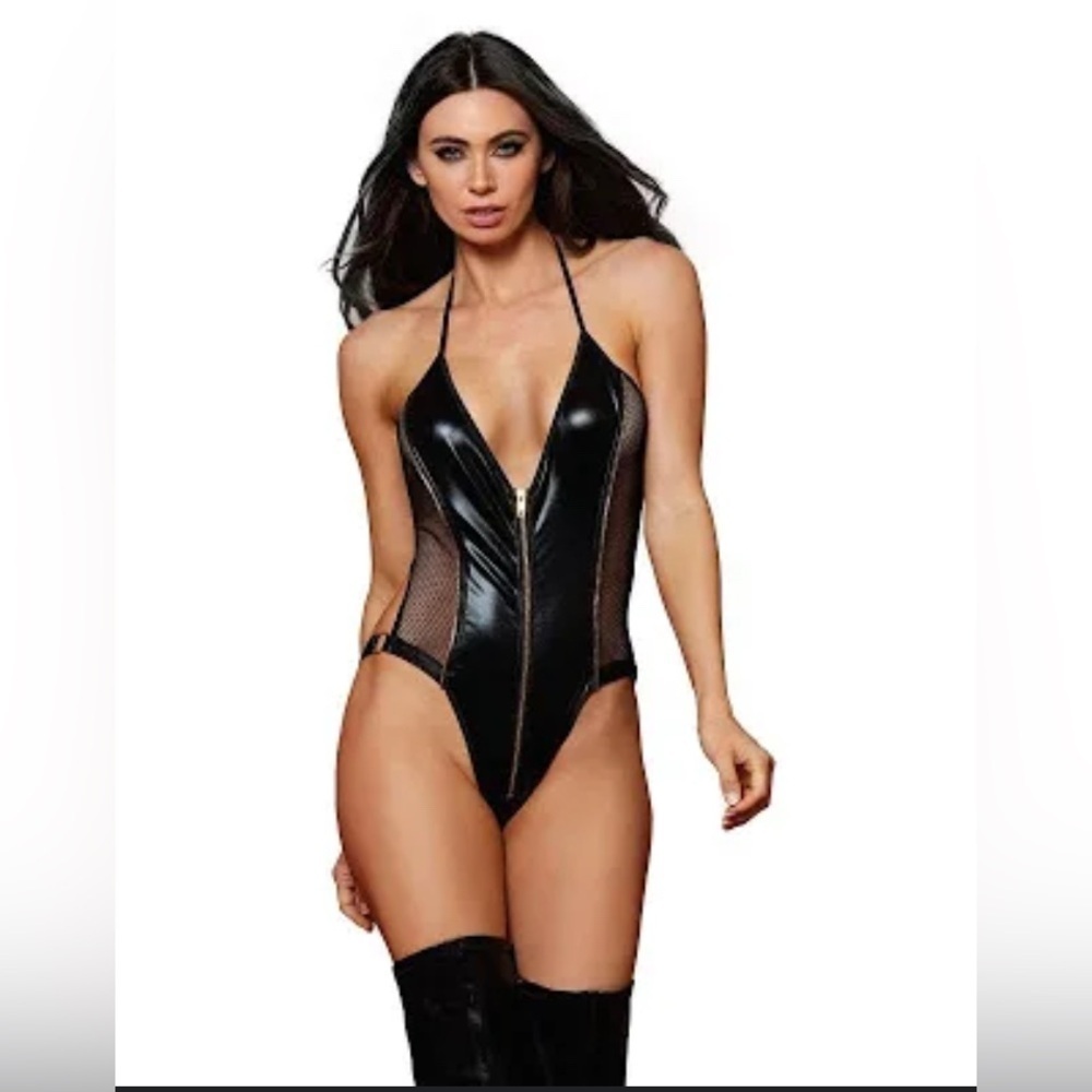 🦋B2G1🦋DREAMGIRL Stretch faux-leather & Fishnet teddy W/ Front Zipper & Open Back